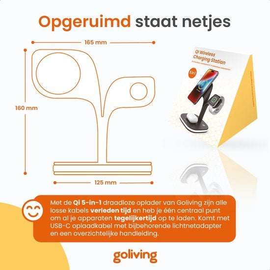 Goliving 5-in-1 kabellose Qi-Ladestation - Magsafe kabelloses Ladegerät - Geeignet für iPhone, Apple Watch & Airpods - Inklusive dimmbarem Nachtlicht und USB-Ausgang - 15W Schnellladegerät - Schwarz