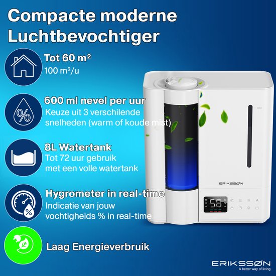 Erikssøn Luftbefeuchter Elite – 8 Liter – Geeignet für Wohnzimmer, Büro, Schlafzimmer, Babyzimmer – Luftbefeuchter – Mit Aromatherapie – Weiß