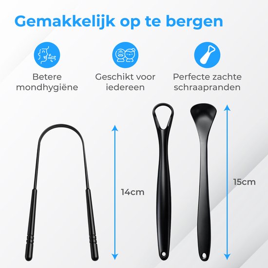 Nuvance Professioneller Zungenschaber – 3-in-1-Set – für die Mundpflege – Zungenreiniger – Zungenschaber – Tongue Scraper – Edelstahl – Schwarz