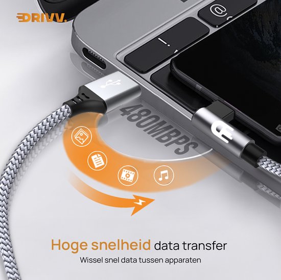 Drivv. USB-zu-USB-C-Kabel – abgewinkelt – USB-C-Daten- und Ladekabel – Fast Charge / Schnelllader – 1 Meter – Grau