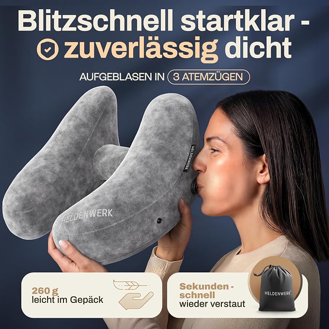 HELDENWERK Premium-Reisekissen mit Kapuze – Aufblasbares Nacken- und Kopfkissen – 5 Schlafpositionen – Inklusive Ohrstöpsel und Aufbewahrungstasche