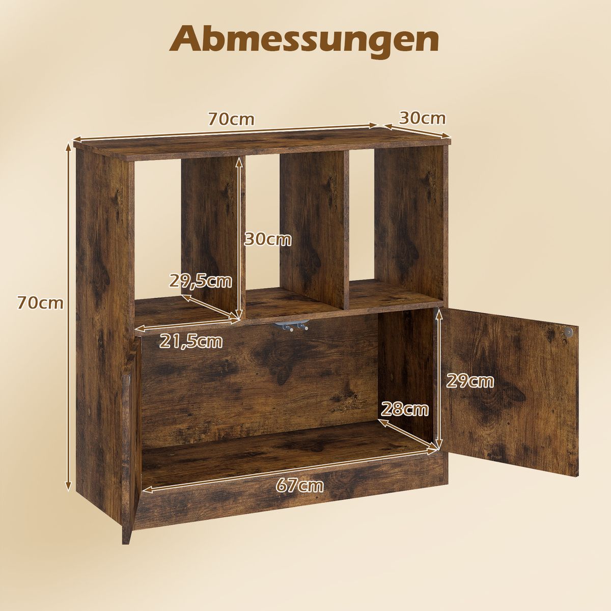 Coast Bücherregal mit 3 offenen Fächern und 2 Türen – modernes Design – braun – 70 x 30 x 70 cm