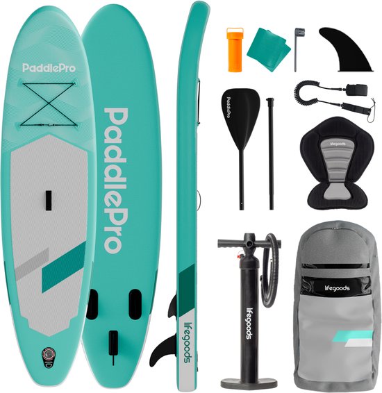 LifeGoods SUP Board All-round Compact - mit Sitz - 100 KG Tragfähigkeit - 300 x 76 cm - Aufblasbar - Komplettes SUP Paket - Mintgrün