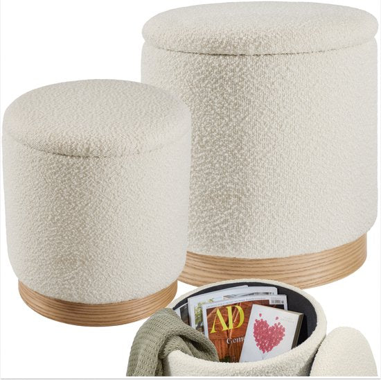 tectake® - 2er-Set Hocker mit Ablage - Bouclé-Teddy-Stoff - Scandi - Polsterhocker rund - Für Schminktisch, Schlafzimmer, Wohnzimmer - 2 Größen (38 und 32cm)