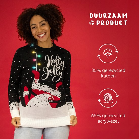 JAP Christmas Weihnachtspullover mit Lichtern (Größe XL) – 100 % recycelt – kratzt nicht – Weihnachtsgeschenk für Erwachsene – Kitschiger Weihnachtspullover für Damen und Herren – Holly Jolly – Schwarz