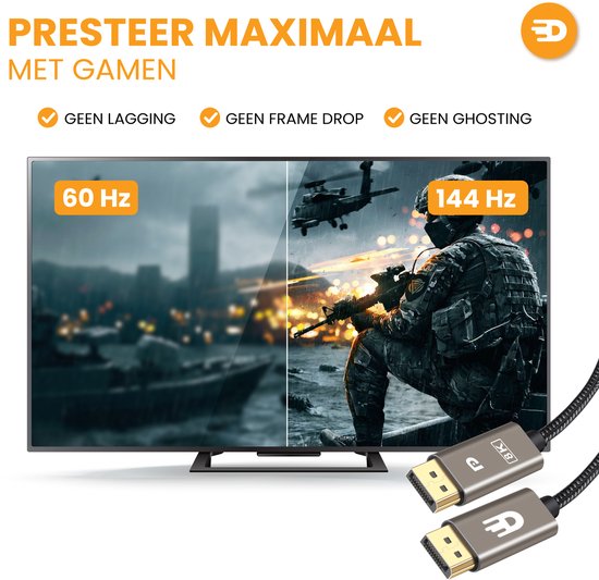 Drivv. Displayport-Kabel - 8K 60Hz - 4K 144 Hz - 32.4GBps - Displayport 1.4 - DP-Kabel - 1 Meter - Modern Grey