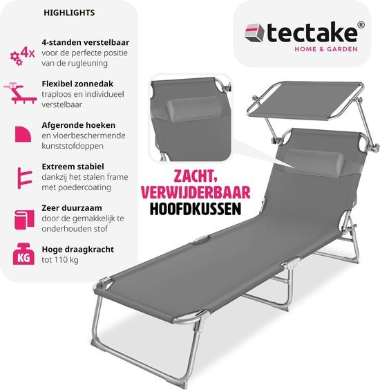 tectakeÂ® - Liege, robust, verstellbar, Stahlgestell mit Sonnenschirm, 4-fach verstellbare Rückenlehne inklusive Kissen, Strandkorb Ideal für Garten, Pool, Camping - grau