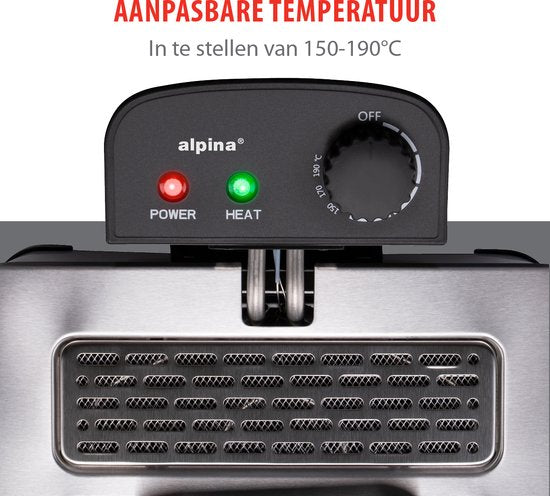 alpina Fritteuse Double 5 Liter - Fritteuse mit einstellbarem Thermostat - Fritteuse mit 3 herausnehmbaren Körben - Fritteuse 2000W - 27,5 x 21,5 x 30,5 cm - Edelstahl