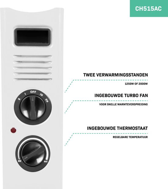 VONROC Elektroheizung - Konvektorheizung mit eingebautem Heizkörperlüfter - 2 Stufen: 1250W/2000W - Einstellbarer Thermostat - Beheizt Räume bis zu 24m2 - Modernes Design - Weiß