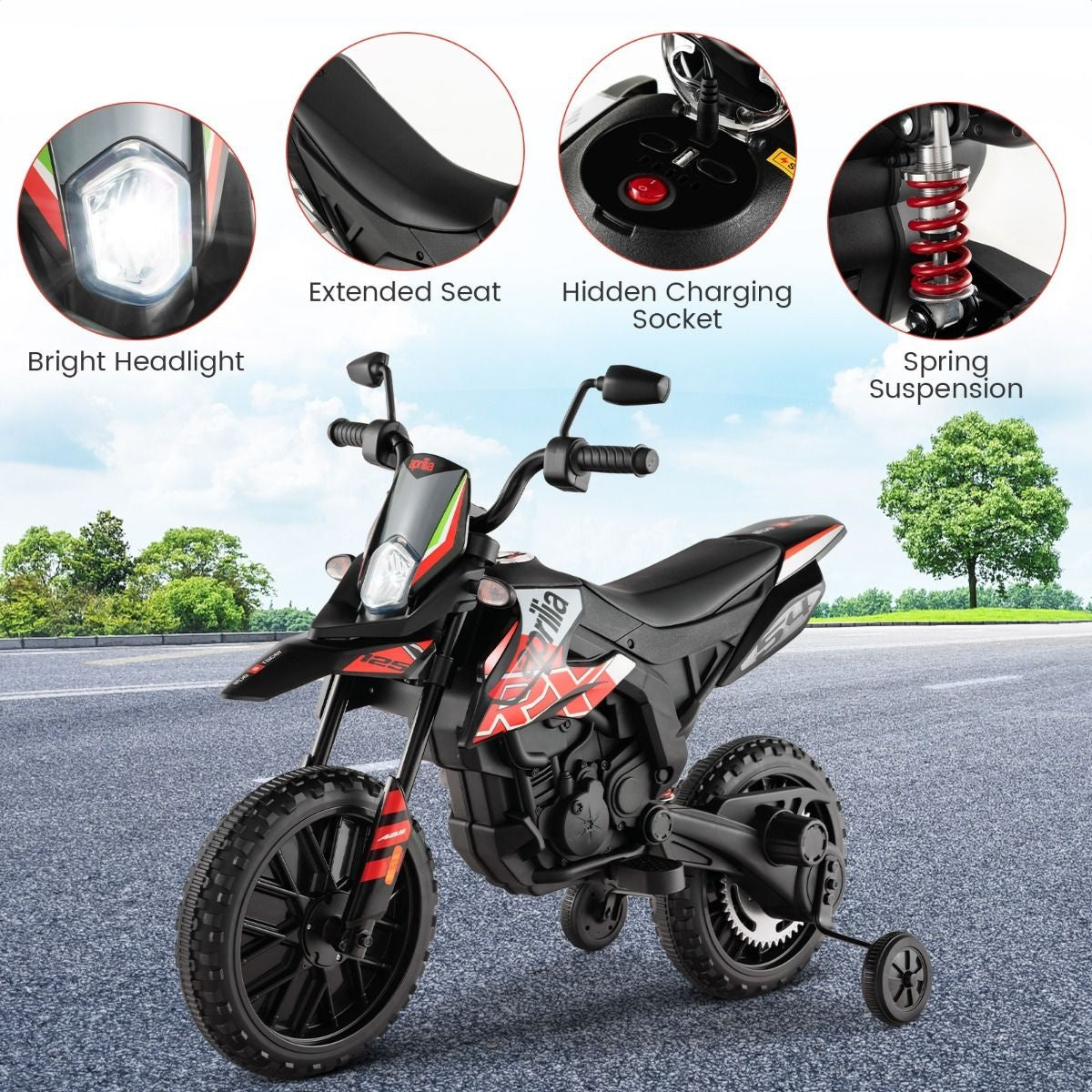 Elektromotorrad Aprilia-Führerschein für Kinder mit 2 Stützrädern 12V Batteriebetriebenes Motorrad mit Musik für Kinder von 3-8 Jahren