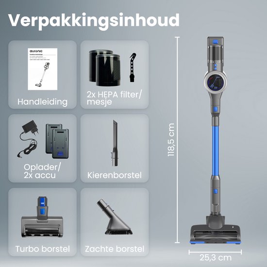Auronic Stick Staubsauger - Kabellos - Standstaubsauger - Ohne Beutel - 350W - Extra Akku - Staubsauger - Grau/Blau