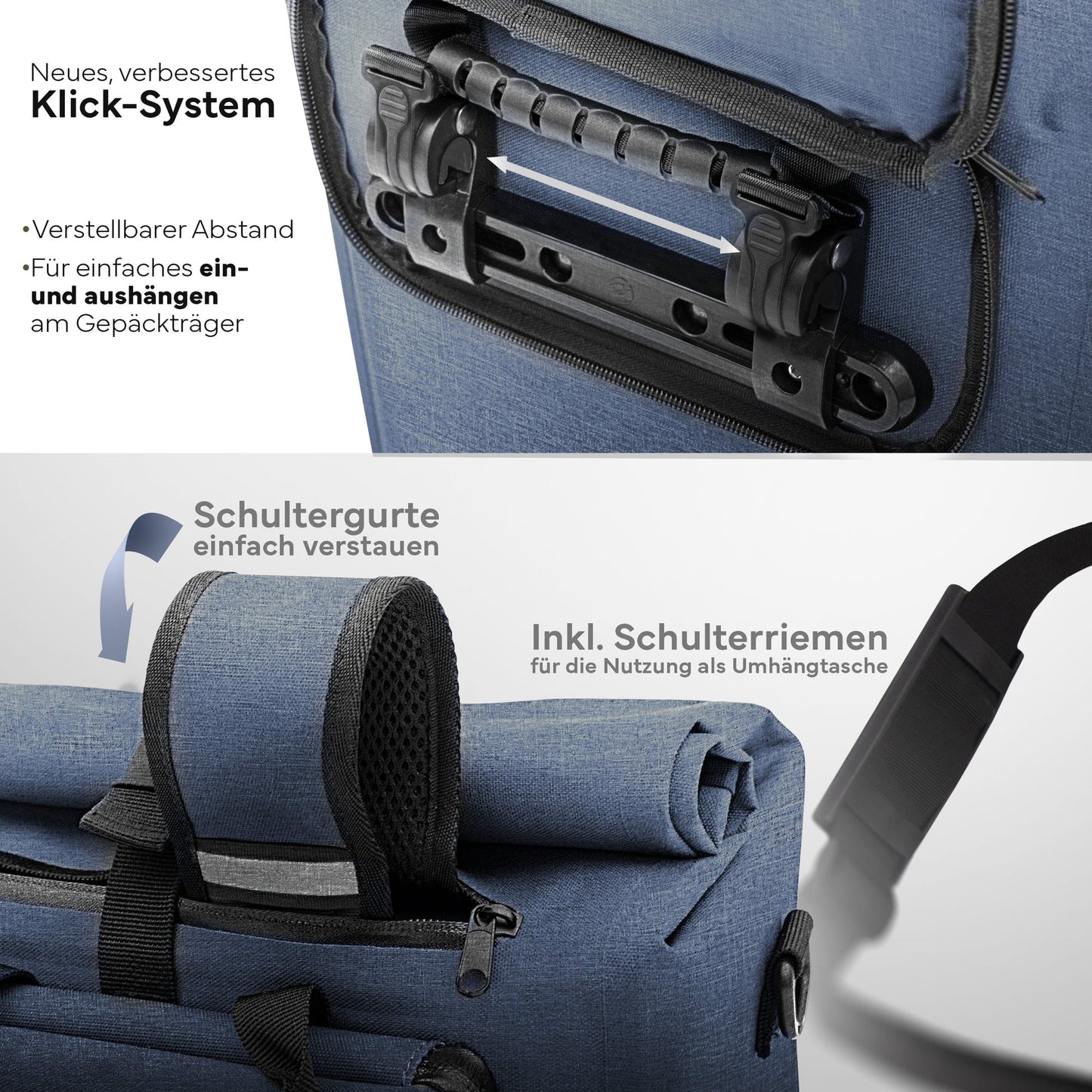 MiVelo 3-in-1 Fahrradtasche - Rucksack - 25L - Wasserdicht - 58×30×15 cm - Jeansblau