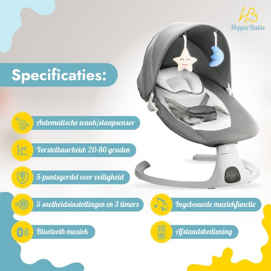 HeppieBabie Electric Rocker - Musik- und Schaukeloptionen - 5-Punkt-Gurt - Babyschaukel - Babyschaukel - Mit Ebook