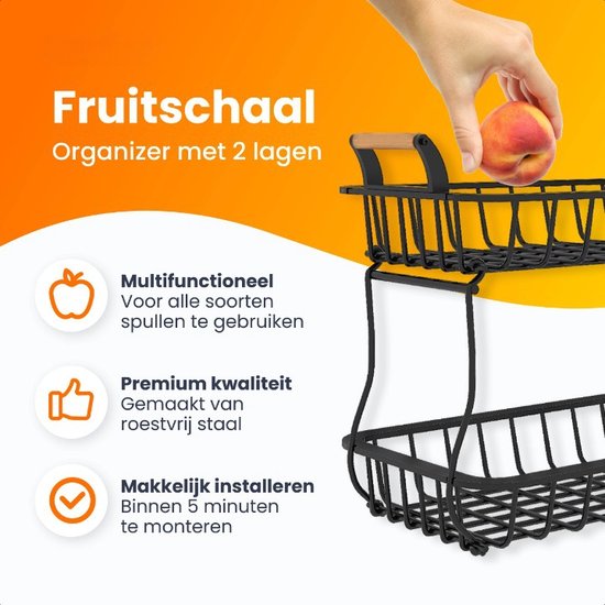 Posity Fruit Bowl 2 Layer - Obstkorb - Obst Etagere - Gemüsekorb - Drahtkorb - Obstregal - Holz & Metall - Schwarz