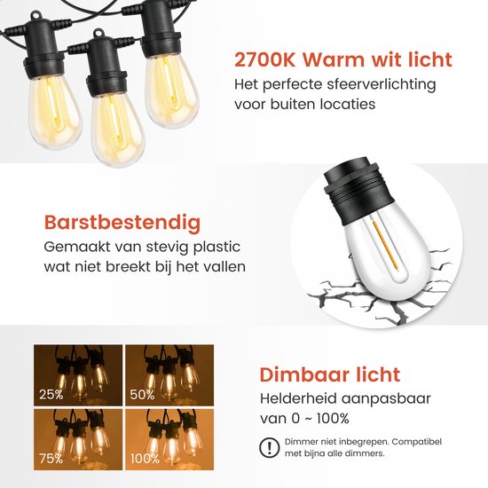 Partizzle 15m LED-Lichterkette für den Außenbereich - Terrassen- und Camping-Gartenbeleuchtung - Lichtergirlande - Weihnachtsbeleuchtung - Wasserdichte Lichtergirlande - 2700K / Warmweiß