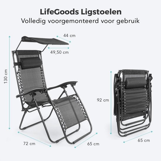 LifeGoods Faltbare Gartenstühle - mit Sonnendach - Verstellbarer Sonnenschirm - 2 Stück - 30Â°-90Â° verstellbar - Metall - Schwarz