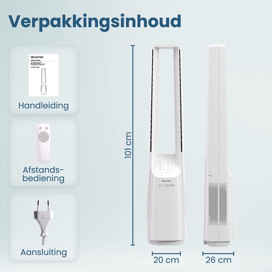 Auronic Turmventilator - Lamellenloses Modell - Luftkühler - Bodenventilator - Leiser Standventilator - 101 CM - 6 Geschwindigkeiten - Ventilator - Mit Zeitschaltuhr - 39 dB - Weiß