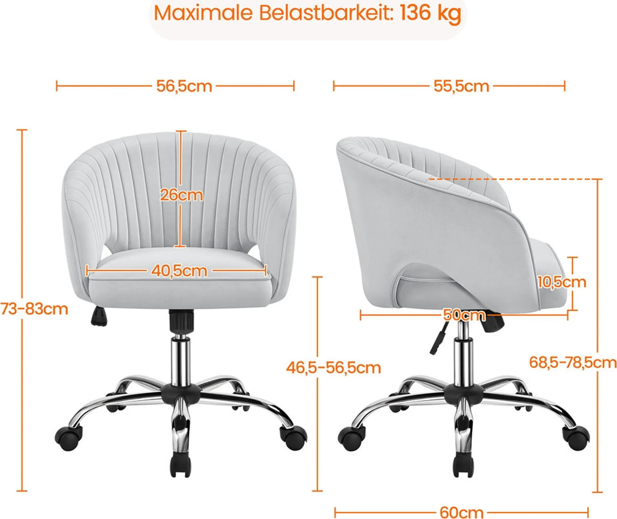 Yaheetech Bürostuhl Sessel - 60 x 56,5 x 73-83 cm - Mit samtig weicher Polsterung und verstellbarer Sitzhöhe und entspannender Schaukelfunktion - Für Büro und Empfangshalle - Hellgrau Polyester und Metall