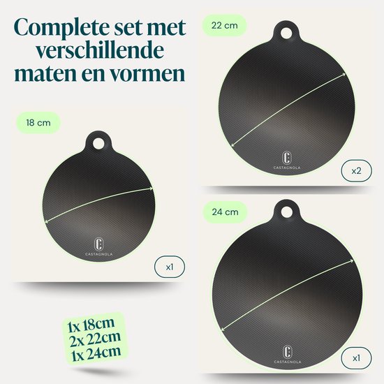 Castagnola Induktionsschutz – Hitzebeständiger Topflappen bis 280 °C – Abdeckplatte für Kochfeld und Induktionskochfeld – Rutschfeste Topflappen-Unterlage – 4er-Set: 1 x 18 cm, 2 x 22 cm und 1 x 24 cm