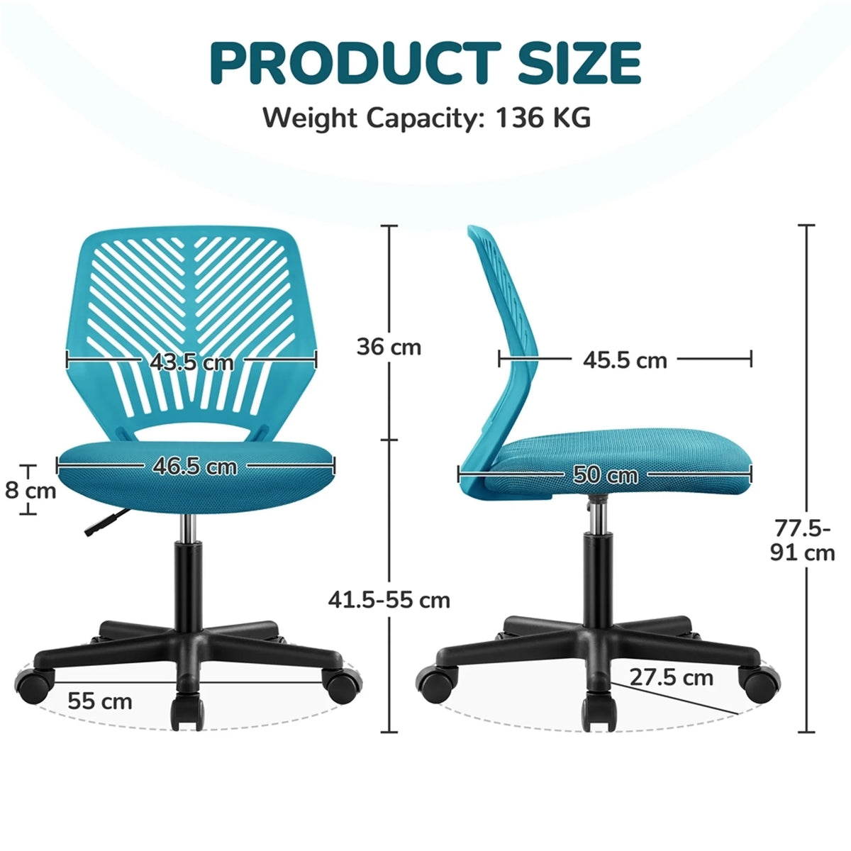 Yaheetech Armless Office Chair - Features höhenverstellbaren Gaslift und 360 ° drehbare Räder und weiche Schaumstoffpolsterung - für Büro und Studie - Schwarz Polyester und Nylon - 50 x 55 x 79-92 cm