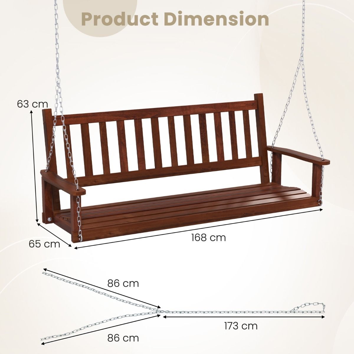 Coast Holz-Außen-Schaukelbank – 3-Sitzer – Verstellbare Ketten – Braun 168 x 65 x 63 cm