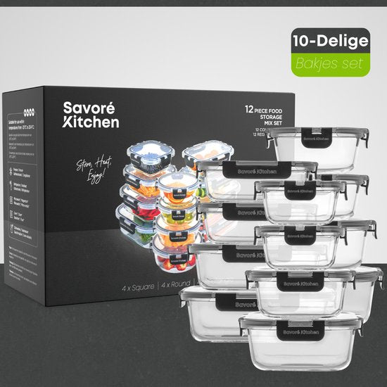 Savoré Küche Aufbewahrungsschalen Set - Mahlzeit Vorbereitung Tabletts - Gefrierschrank Tabletts Glas - luftdicht - 12 Stück