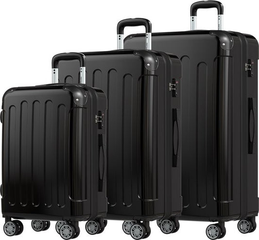TRVLMORE - Kofferset - 3 Stück - 45L Handgepäck + 75L und 115L geräumiges Gepäck - TSA Schloss - Leichtgewicht - Reisekofferset - Schwarz