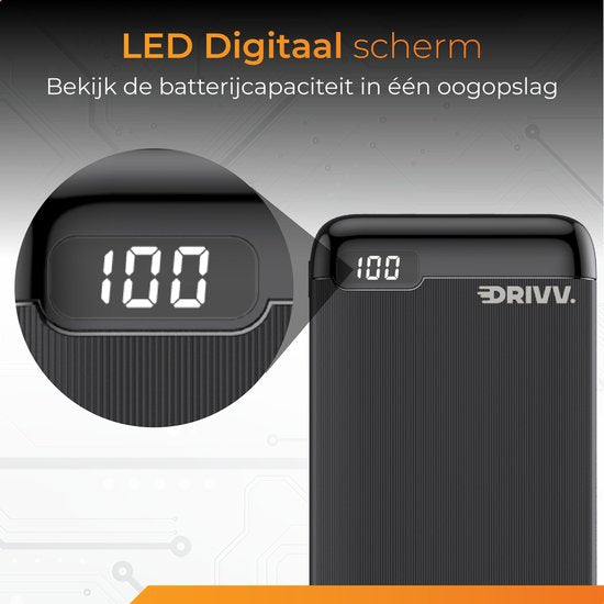 Drivv. Powerbank 20.000 mAh - Inklusive 100w-Ladekabel - 22,5W Schnellladegerät - Quick Charge USB 3.0 - USB C - Geeignet für Samsung / iPhone / mehr - LED - Schwarz, u.a.