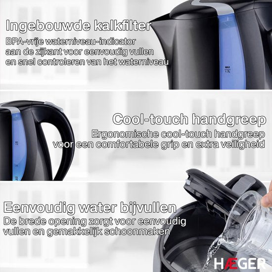 Haeger Blackness Wasserkocher – um 360° drehbar – 1,7 l – 2200 W – elektrisch – Cool-Touch – schwarz