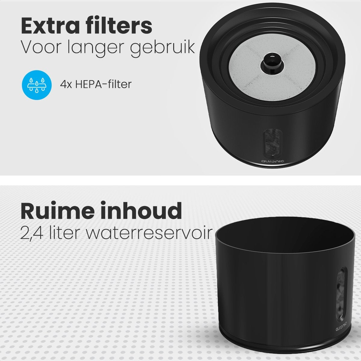 Auronic Trinkbrunnen - Wasserbrunnen für Katzen und Hunde - 2.4L - Tiertränke - Inkl. 3 Filter und 2 Bürsten - Schwarz
