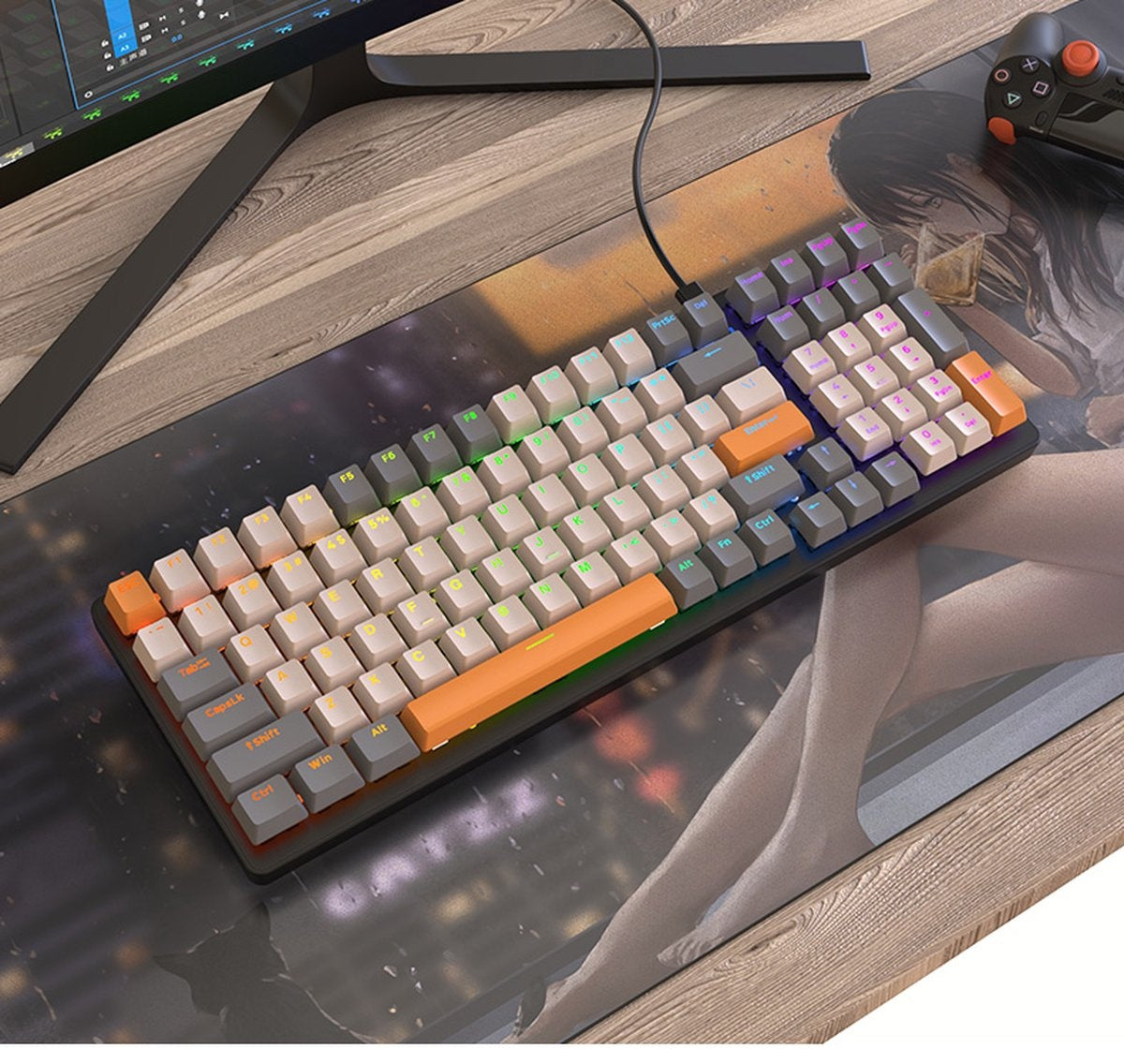 Fuegobird K3 Mechanische Gaming-Tastatur - 100 Tasten - Roter Schalter - QWERTY - Mit RGB-Hintergrundbeleuchtung - Grau/Orange