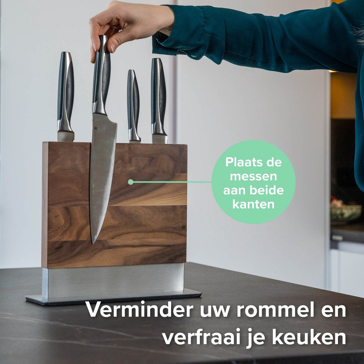 Coninx Vertico Messerblock magnetisch - Messermagnet - Edelstahlfuß - doppelseitig - Edelstahl / Walnuss
