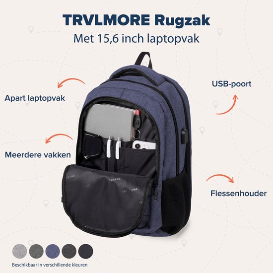 TRVLMORE Rucksack mit Lifetime - Rucksack mit 15.6 Zoll Laptopfach - Schultasche - Spritzwassergeschützt - Männer und Frauen - Jungen und Mädchen - 28L - Blau