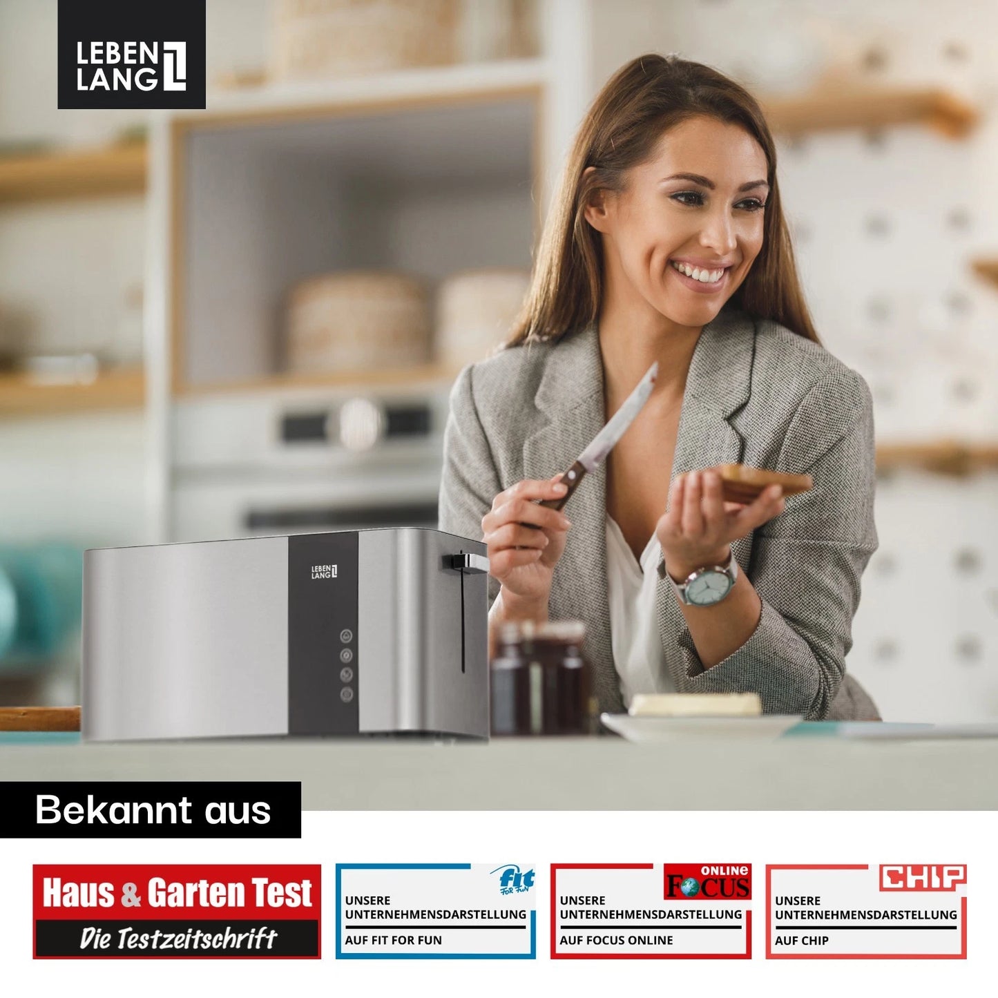 LEBENLANG Toaster - Touchscreen LED-Display - 4 Scheiben mit Brötchenaufsatz - 7 Bräunungsstufen - 1400 W - Silber