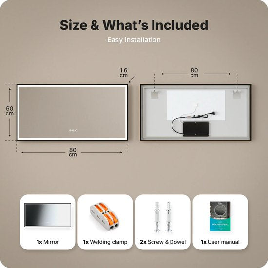 Mirlux Badezimmerspiegel mit LED-Beleuchtung und Heizung – Wandspiegel, rechteckig – beschlagfreier Duschspiegel – 120 x 60 cm – schwarzer Rahmen