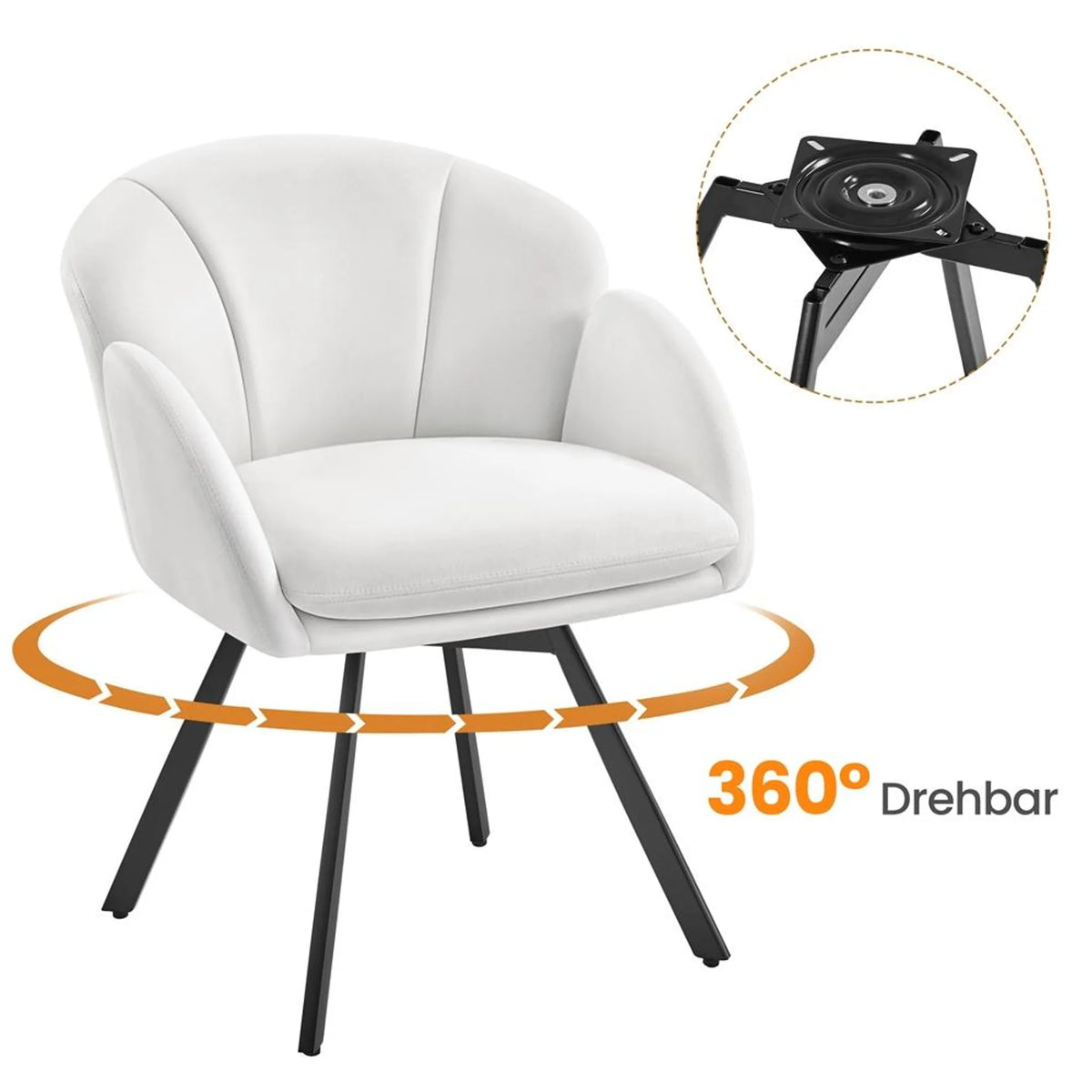 Yaheetech Drehstuhl Floral - Mit 360°-Drehmechanismus und abnehmbarem Sitzkissen und X-förmigem Metallgestell - Für Schlafzimmer und Home Office - Weißer Bouclé und Metall - 57 x 61 x 75 cm