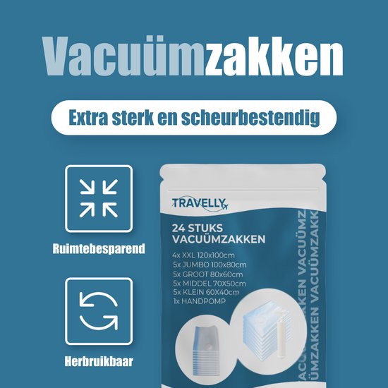Travelly® Vakuumbeutel & Reisebeutel Set - Aufbewahrung von Kleidung & Reisen - Luftdicht - Inklusive Pumpe - Wiederverwendbar - Platzsparend - Set mit 24 Stück - Transparent