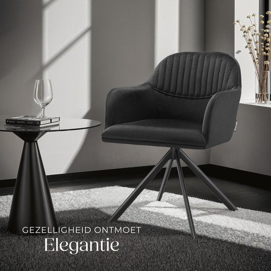tectake® Velvet swivel chair - Bürostuhl - Esszimmerstuhl mit Armlehnen - Velvet office chair, kitchen chair, living room chair - 56 x 59 x 81 cm - Schwarz/Schwarz