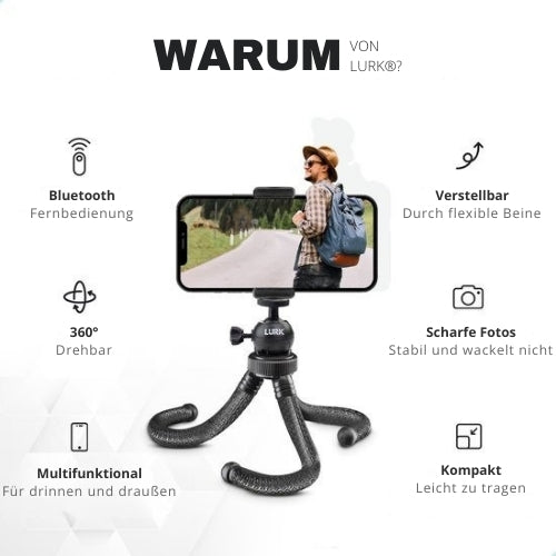 LURK® - 3 in 1 Flexibles Octopus-Stativ Stativ - für Smartphone & (Action-)Kamera - Inkl. Telefonklemme und Bluetooth-Fernbedienung - 25 cm
