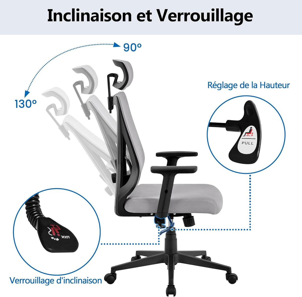 Yaheetech Ergonomischer Bürostuhl mit verstellbarer Lendenwirbelstütze und Kopfstütze 70 × 70 × 125 cm Hellgrau
