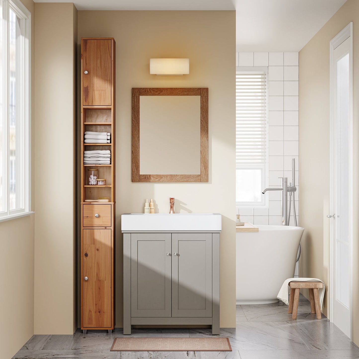SoBuy Hoher Badezimmerschrank BZR34-II-SH 20 x 20 x 180 cm – Massives Zedernholz – Holzfarbe
