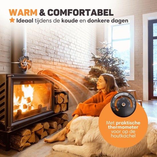 Vulpes Goods® Tech - Ofenventilator für Kaminöfen - Kaminofenventilator - Ecofan - Wärmeventilator - 6 Flügel - Inkl. Thermometer & Handschuh - PRO Version