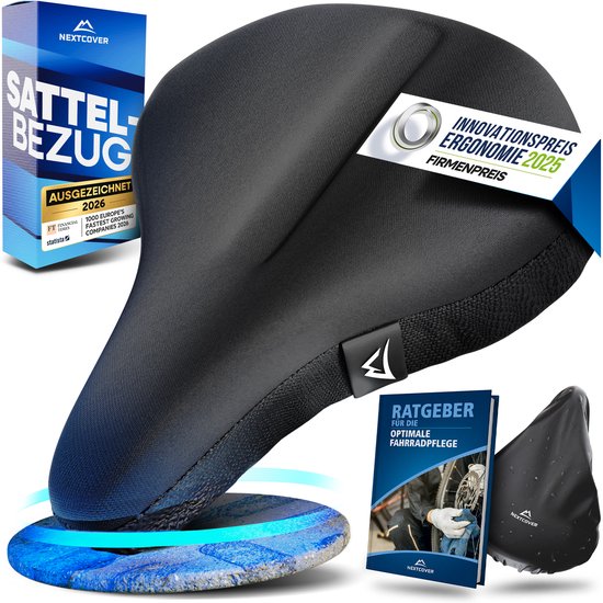 NEXTCOVER® NEU Universeller Gel-Sattelbezug für Fahrräder inklusive Regenschutz [Memory-Schaum] – Wasserdichter Sattelbezug mit mehrschichtiger Polsterung – Regenschutz für Fahrradsättel für Herren und Damen – Schlank