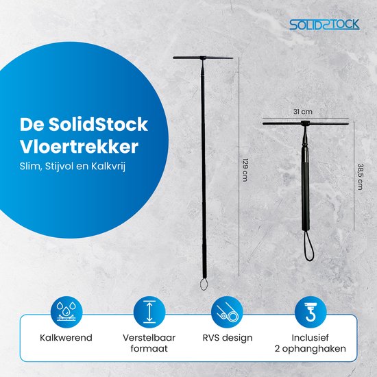 SolidStock Luxus-Bodenwischer aus Edelstahl – Bodenwischer mit Stiel – Längenverstellbar von 38,5 bis 129 cm – Wischer für Dusche und Badezimmerboden – Ausziehbarer Duschwischer – Schwarz