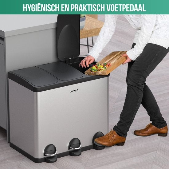 Avalo Mülleimer Abfalltrennung 60 Liter - Edelstahl Silber - 3 Fächer - Umweltbewusst, Hygienisch & Fingerabdruckfrei - Treteimer / Mülleimer
