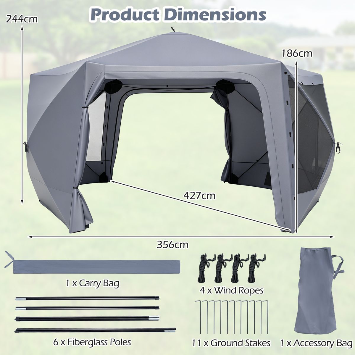 Coast Pop-up-Gartenpavillon – sechseckig – mit 6 Seitenwänden und Moskitonetzen – grau 427 x 427 cm