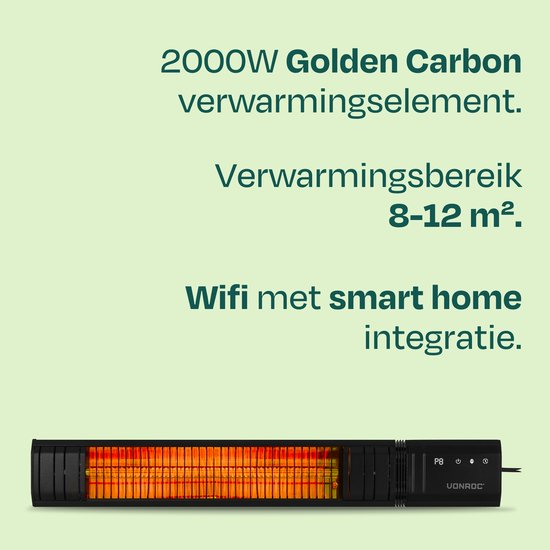 VONROC Terrassenheizung Sabatini 2000 W – Terrassenheizung – Golden Carbon-Heizelement – 24-Stunden-Timer – Mit Fernbedienung, Touch-Display und WLAN