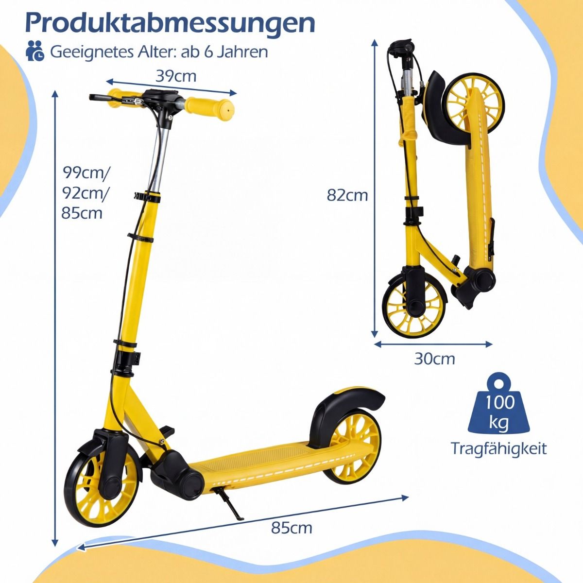 Coast Klapp-Tretroller – LED-Räder – Verstellbarer Lenker – Gelb