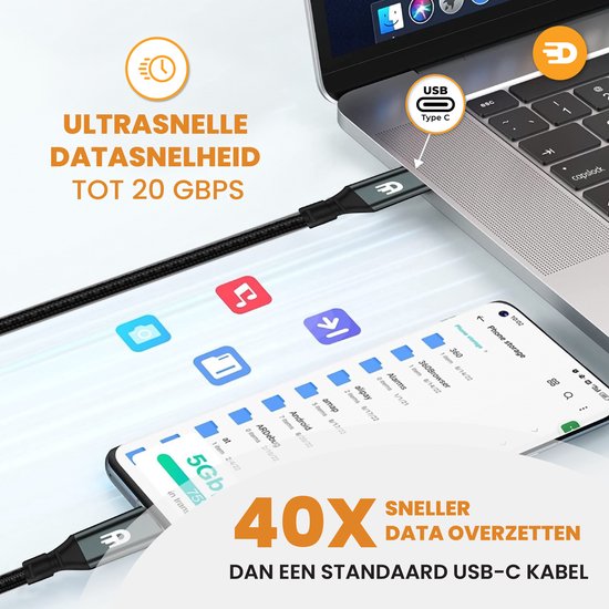 Drivv. USB C Kabel zu USB C 3.2 - 100w Schnellladegerät - 4K 60Hz - 20GBs - 3 Meter - Geeignet für Samsung, Macbook, iPhone 15 & mehr - Nylon - Grau