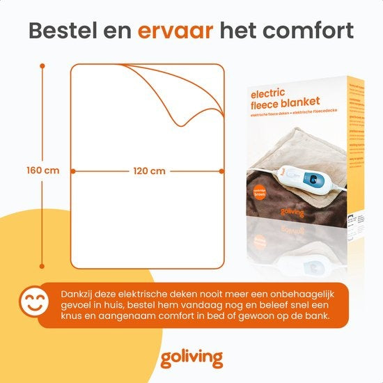 Goliving Elektrische Heizdecke - 3 Wärmestufen - Waschmaschinenfest - 120W - 2,5 Meter Kabel - 160 x 120 cm - Braun